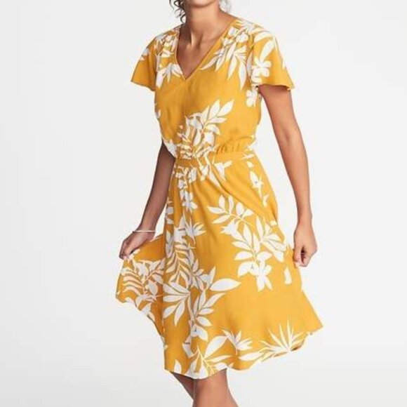 OLD NAVY Waist Defined V-Neck Dress Mustard Yellow White Floral Cap Sleeve Knee - Picture 1 of 14